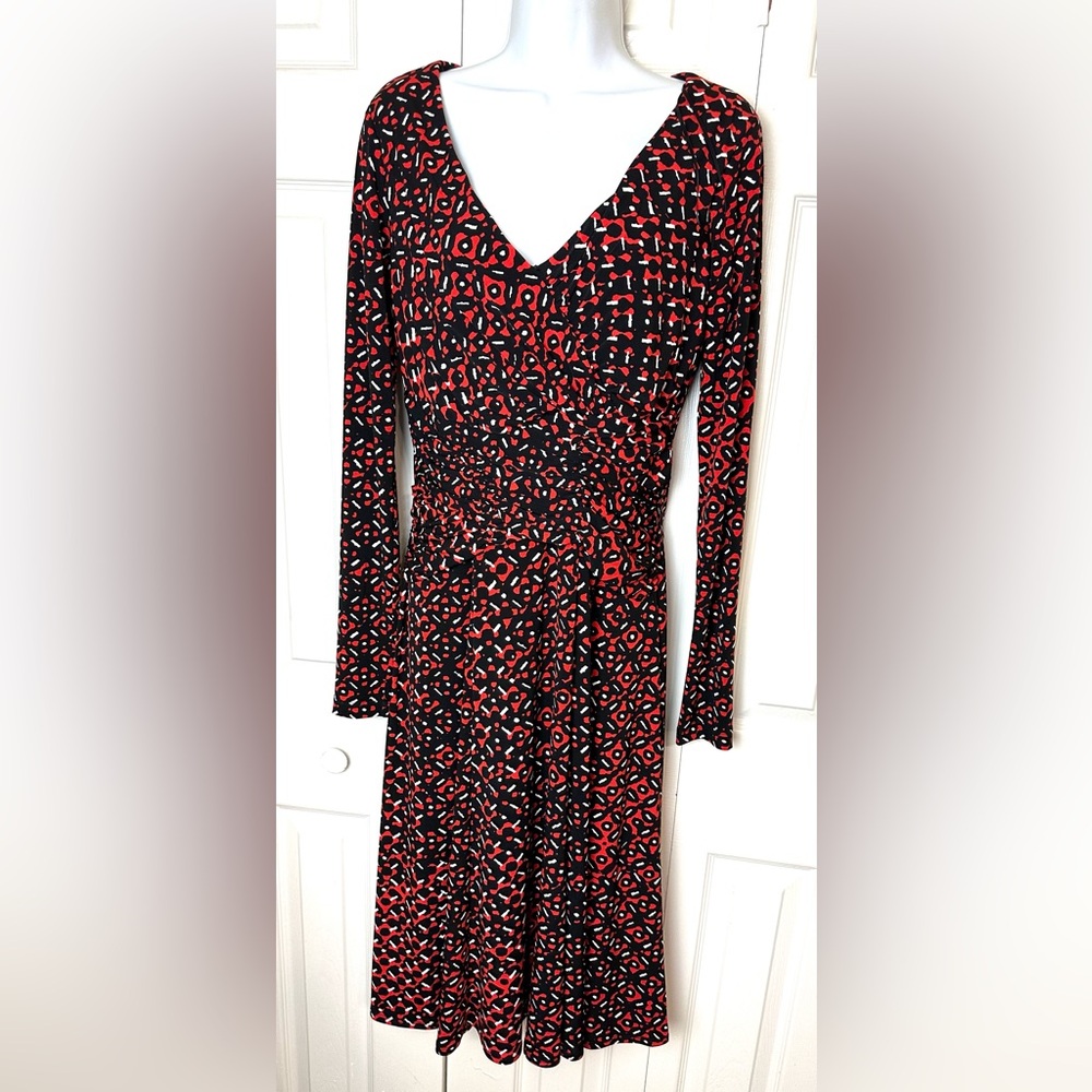 New LONG TALL SALLY Jersey Knit Dress Red Black White Long Sleeve Gathered LTS
